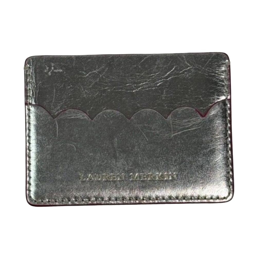 Lauren Merkin silver metallic leather card holder w/ scalloped edge, pink accent